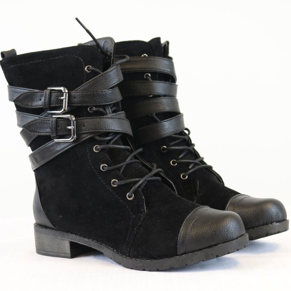Black Military Buckle Zipper Mid Calf Boots